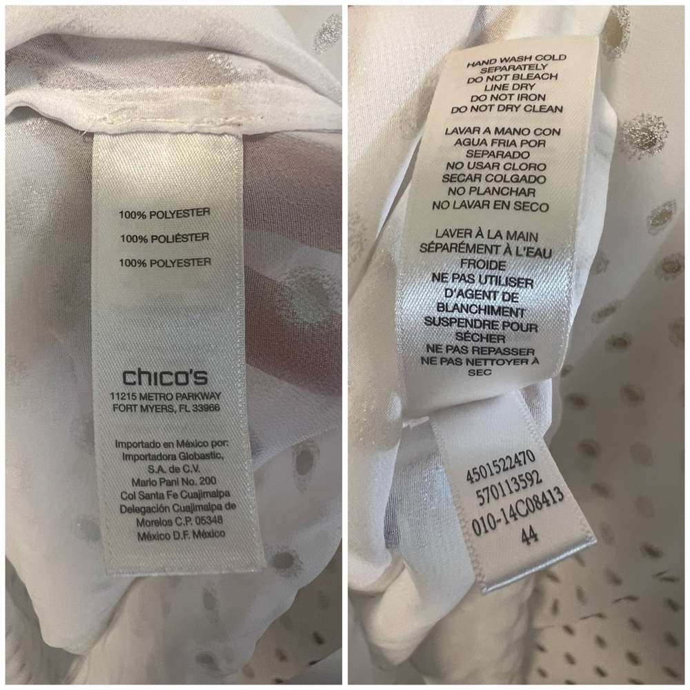 CHICO'S Size XL Sheer White Silver Polka Dots Assymetrical Tacked Sleeves Blouse - Picture 7 of 8